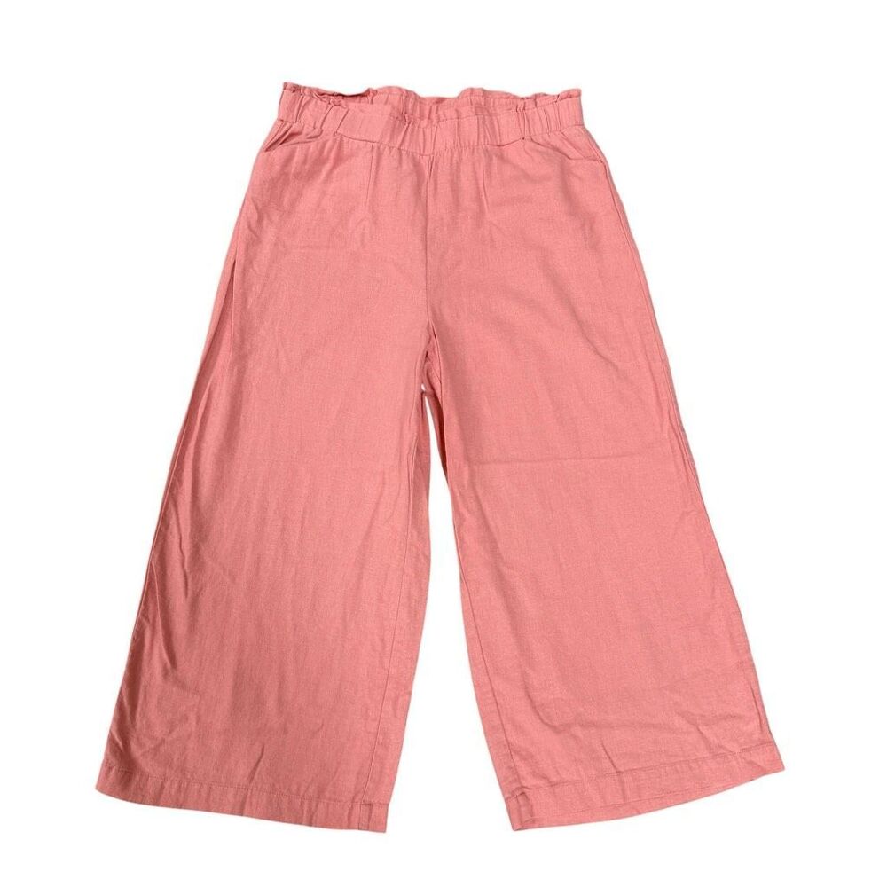 Land ‘N Sea Coral Pink Linen Blend Wide Leg Cropped Pants Sz S Elastic Waist